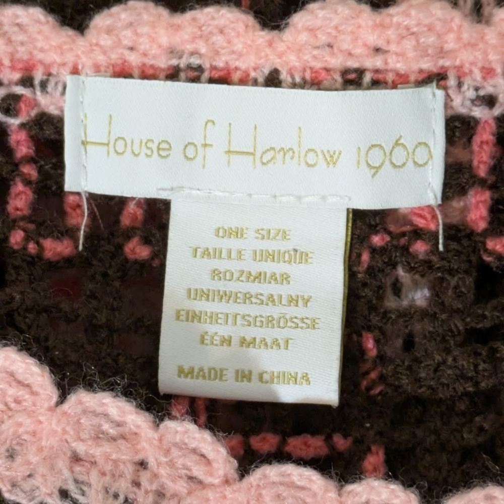 House of Harlow 1960 Crochet Bow Fringe Crop Top Poncho Brown Pink One Size - Picture 6 of 7